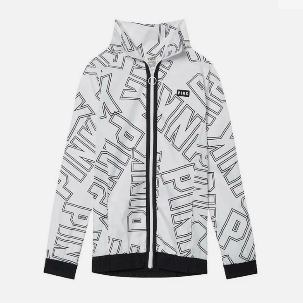 VICTORIA'S SECRET "PINK" WHITE BLACK FZ ANORAK WINDBREAKER JACKET Size M/L